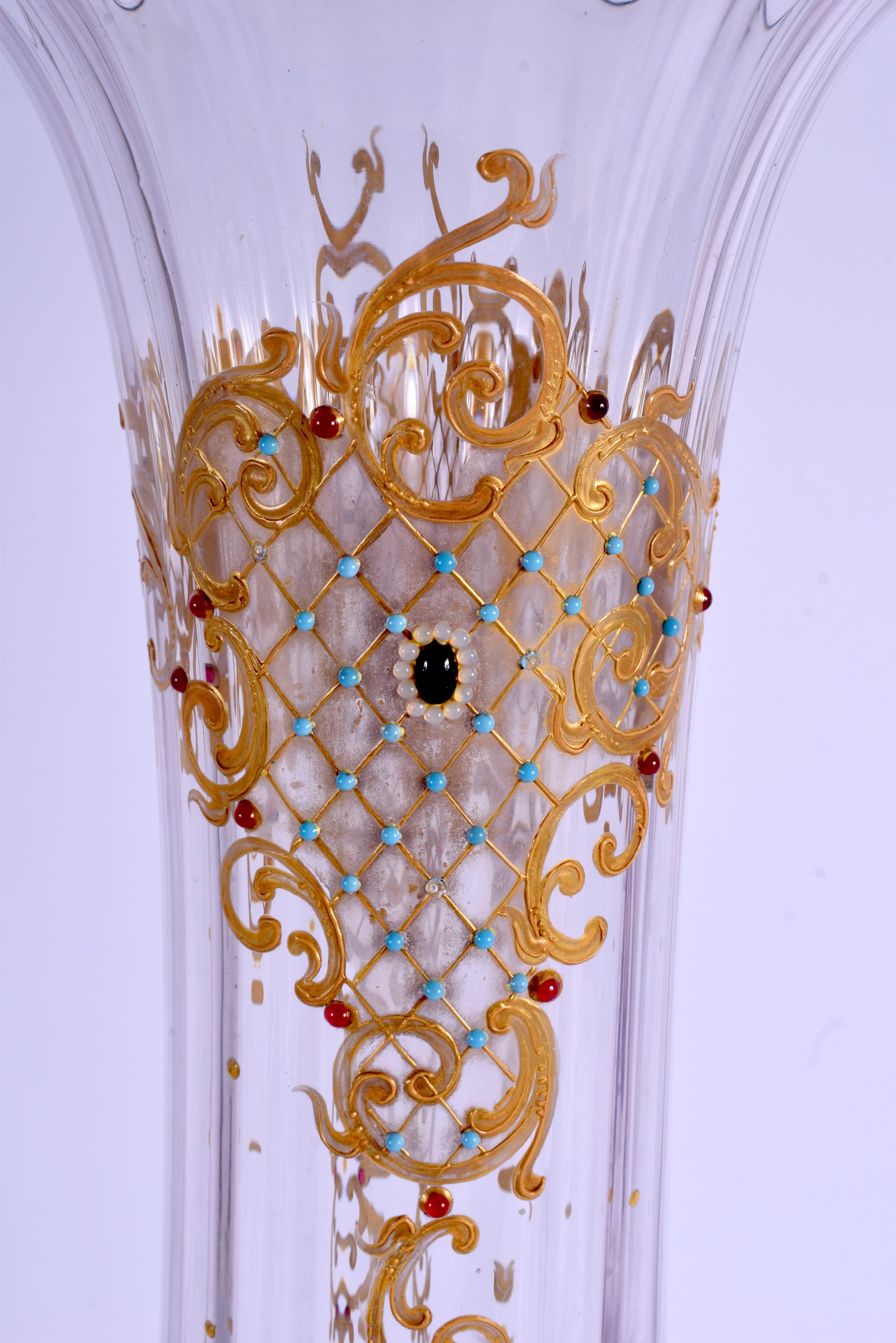 A LARGE ANTIQUE CONTINENTAL ENAMELLED GLASS VASE decorated with turquoise and gem stones. 49 cm high - Image 3 of 4