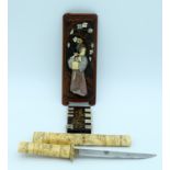 Japanese Mother of pearl and Ivory panel, Ivory Steel bladed dagger and a small counter largest 30c