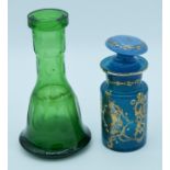 A Middle Eastern glass vase together with a blue vase and a stopper 23cm . (3)