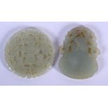 TWO EARLY 20TH CENTURY CHINESE CARVED JADE PLAQUES Late Qing. 5 cm diameter. (2)