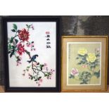 A framed Chinese silk depicting birds in foliage together with another Chinese picture. (2)