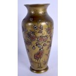 A 19TH CENTURY JAPANESE MEIJI PERIOD BRONZE AND COPPER VASE decorated with birds. 19 cm high.