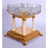 A LOVELY EDWARDIAN CARVED IVORY AND GILDED METAL WALKER AND HALL CENTREPIECE with cylindrical suppor