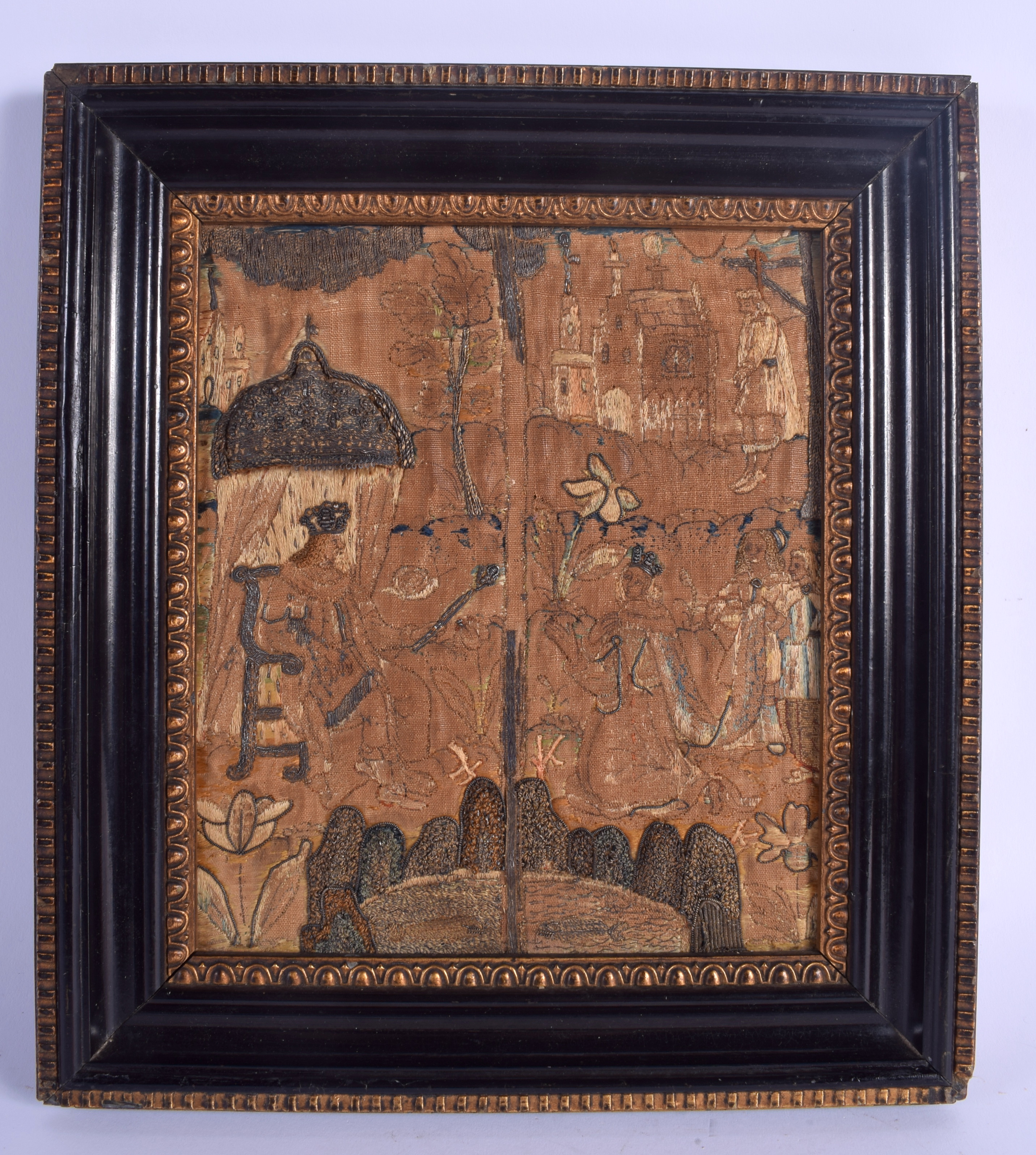 A VERY RARE 17TH CENTURY ENGLISH EMBROIDERED STUMP WORK PANEL depicting a very unusual scene of a Ki