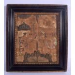 A VERY RARE 17TH CENTURY ENGLISH EMBROIDERED STUMP WORK PANEL depicting a very unusual scene of a Ki