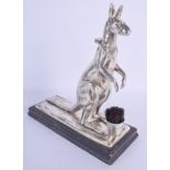 A RARE EDWARDIAN SILVER PLATED KANGAROO INKWELL modelled upon a rectangular base. 27 cm x 26 cm.