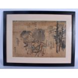 A 19TH CENTURY JAPANESE MEIJI PERIOD WOODBLOCK PRINT depicting figures carrying a male. Image 30 cm