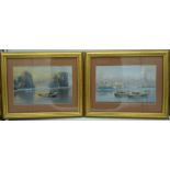 Pair of Gouache depicting fishermen in boats in South East Asia 18 x 28cm (2).