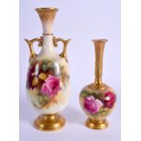 A ROYAL WORCESTER TWO HANDLED VASE painted with Hadley style roses, shape 1963, date code 1912 and a