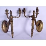 A PAIR OF EARLY 19TH CENTURY FRENCH BRONZE WALL SCONCES. 34 cm x 22 cm.