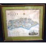Framed map of Sussex by Greenwood and Co. 58 x 70cm.