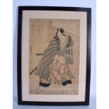 A 19TH CENTURY JAPANESE MEIJI PERIOD WOODBLOCK PRINT depicting a samurai. Image 36 cm x 22 cm.