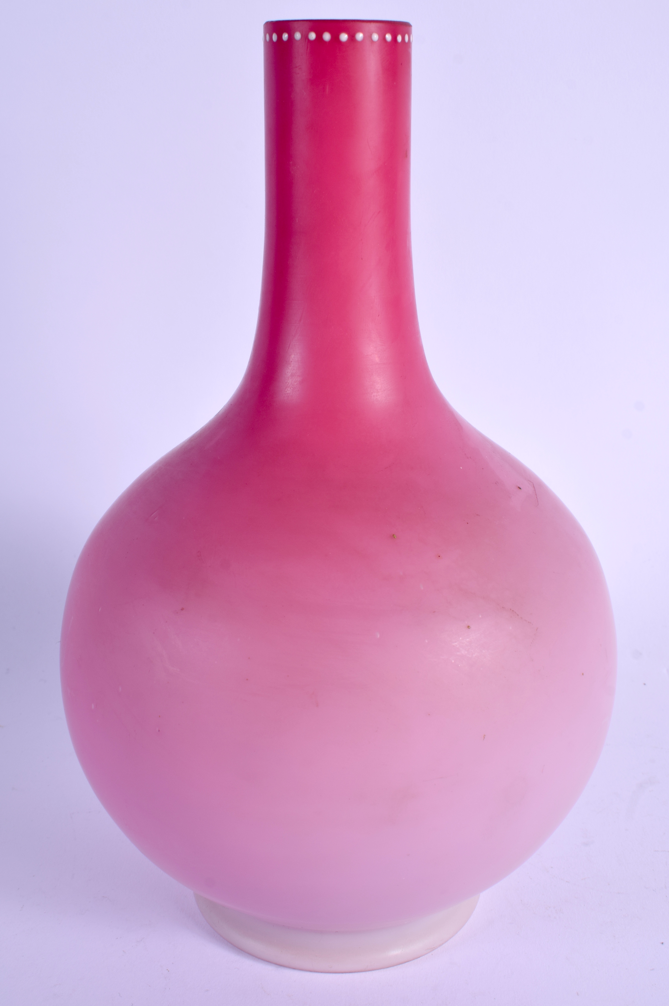 A LATE VICTORIAN PINK OPALINE GLASS VASE enamelled with a girl seated beside butterflies. 24 cm high - Image 2 of 3