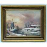 A Framed winter scene figures skating on a pond Signed by Hessel 18.5 x 24.5cm.