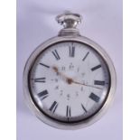 AN ANTIQUE SILVER POCKET WATCH. 5.25 cm diameter.