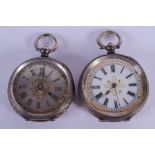 TWO ANTIQUE SILVER FOB WATCHES. 2.5 cm wide. (2)