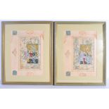 A PAIR OF 19TH CENTURY MIDDLE EASTERN ISLAMIC PAINTED WATERCOLOURS depicting figures within landscap