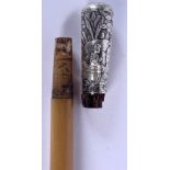 A 19TH CENTURY CHINESE CARVED FULL LENGTH RHINOCEROS HORN SWAGGER STICK with silver top. 90 grams. 8