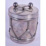 A LOVELY FRENCH CARTIER SILVER DRUM FORM WHISKEY TUMBLER BOX with tumbler. Silver 200 grams. 10 cm