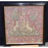 Framed tapestry of a Queen showing a standard and unicorn 94 x 56cm..