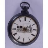 AN ANTIQUE LOCOMOTIVE POCKET WATCH. 5.25 cm diameter.