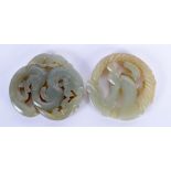 TWO EARLY 20TH CENTURY CHINESE CARVED JADE PLAQUES Late Qing. 5 cm diameter. (2)