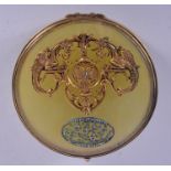 AN UNUSUAL CONTINENTAL SILVER GILT AND JADE CIRCULAR BOX overlaid with a monogram and motifs. 109 gr