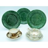 Miscellaneous porcelain Wedgwood green lustre glazed plates, Ridgeway and Miles Mason cup and sauce