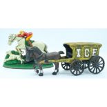 A vintage cast iron door stop depicting a hunting scene and a metal ice cart 15 x 21cm (2)