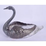 A LARGE AMERICAN STERLING SILVER AND CUT GLASS FIGURE OF A SWAN. 15 cm x 19 cm.