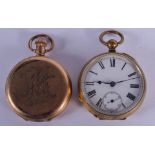 TWO VINTAGE YELLOW METAL POCKET WATCHES. Largest 4.75 cm diameter. (2)