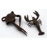 A Japanese small bronze Lobster and a crab 11cm (2).