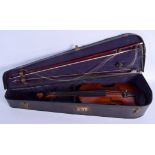 A TWO PIECE BACK VIOLIN with two bows. 58 cm long. (3)