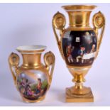 A LARGE EARLY 19TH CENTURY FRENCH PARIS PORCELAIN VASE together with a similar smaller vase. Largest