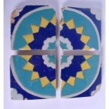 A SET OF FOUR MIDDLE EASTERN MULTAN BLUE AND YELLOW GLAZED TILES. Each 15 cm square. (4)