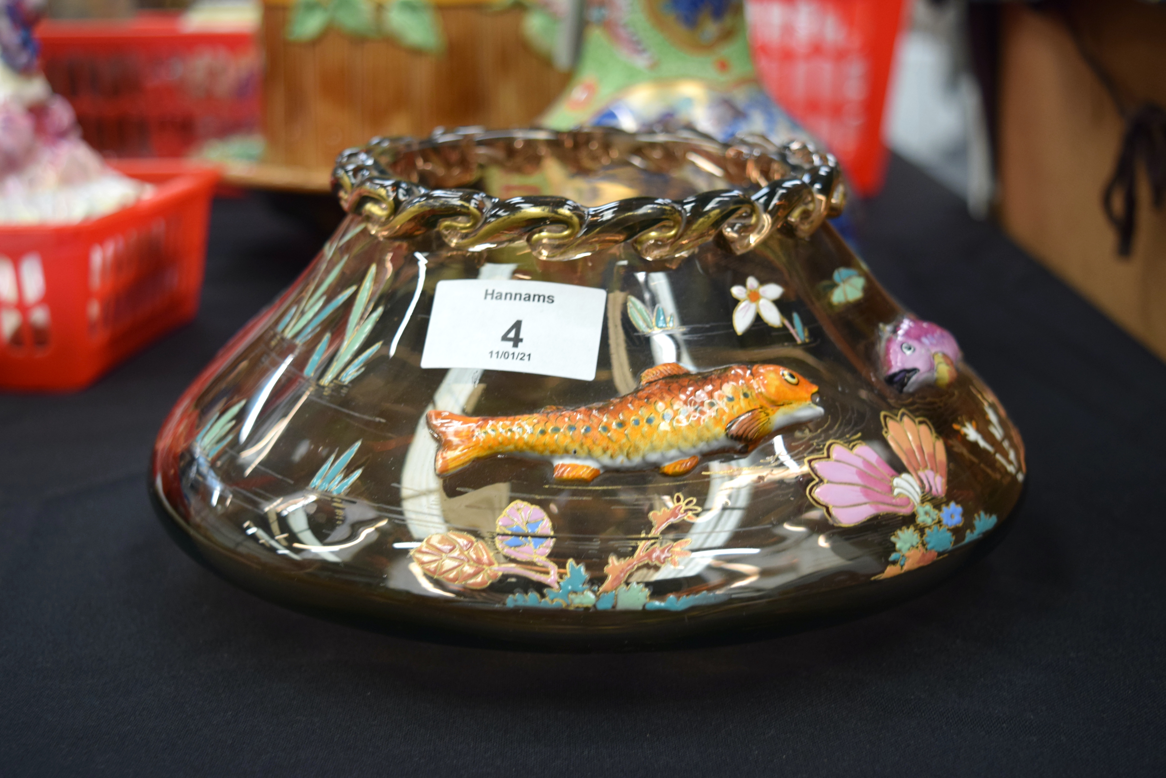 A LOVELY ART NOUVEAU ENAMELLED GLASS BOWL in the manner of Moser, decorated in relief with fish. 21 - Image 5 of 8