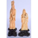 TWO 19TH CENTURY CHINESE CARVED IVORY FIGURES OF SCHOLARS upon fitted hardwood bases. Ivory 12 cm hi