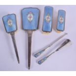 AN ART DECO SILVER AND ENAMEL DRESSING TABLE SET. 1220 grams. Largest 37 cm. (6)