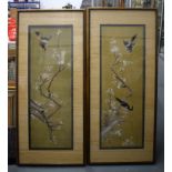 A VERY LARGE PAIR OF 19TH CENTURY JAPANESE MEIJI PERIOD FRAMED SILK PANELS depicting birds in landsc