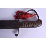 A 19TH CENTURY EUROPEAN LEATHER AND CAST IRON HANDLED CURVING SWORD. 103 cm long.