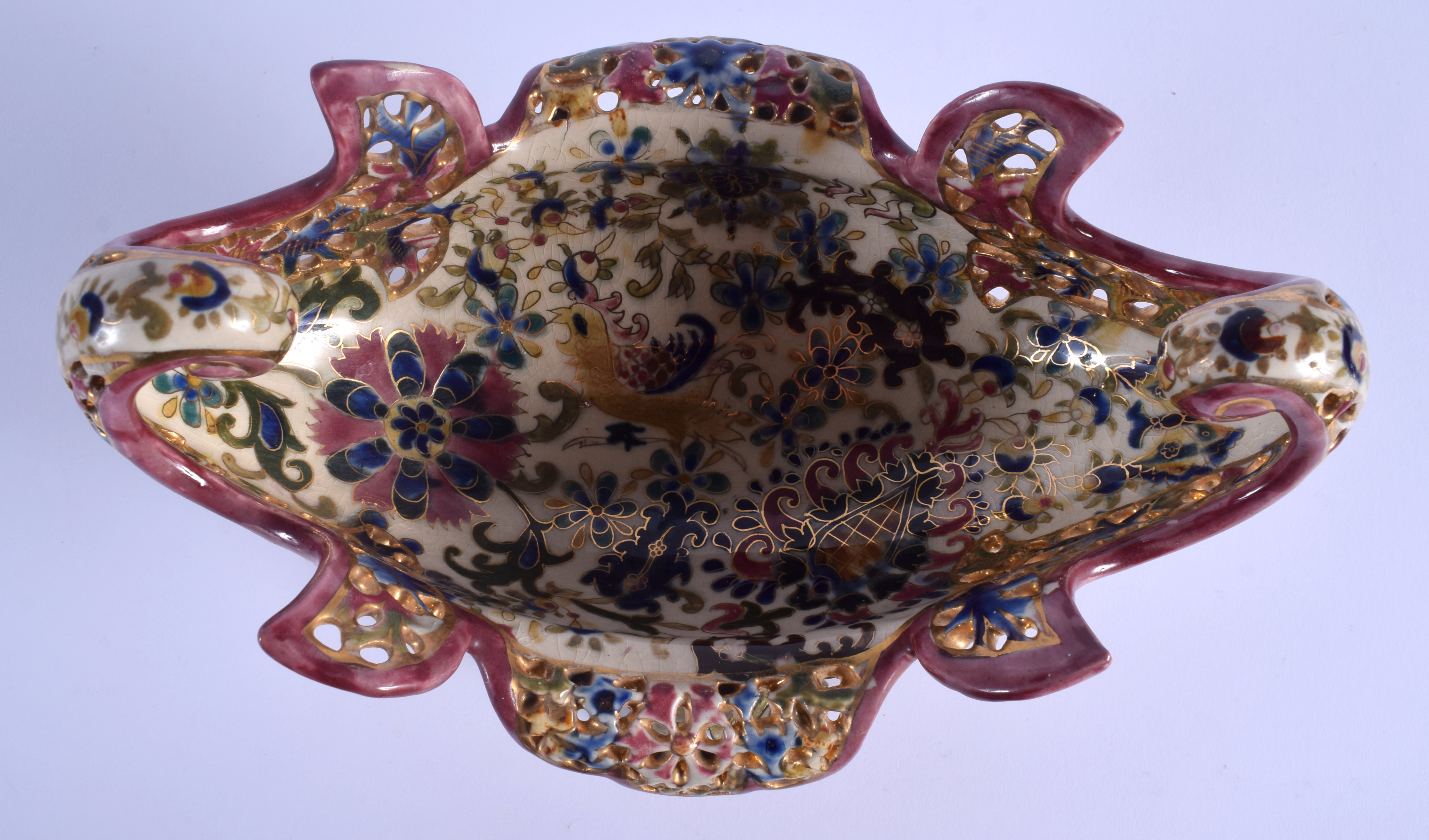 A 19TH CENTURY HUNGARIAN FISCHER POTTERY BOWL upon a gilt metal base. 24 cm x 18 cm. - Image 3 of 5