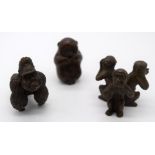 A Japanese small bronze figure of 3 wise monkeys together with a gorilla and monkey 6cm (2).