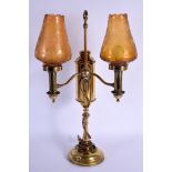AN ANTIQUE BRASS STUDENTS LAMP with original shades. 54 cm high.