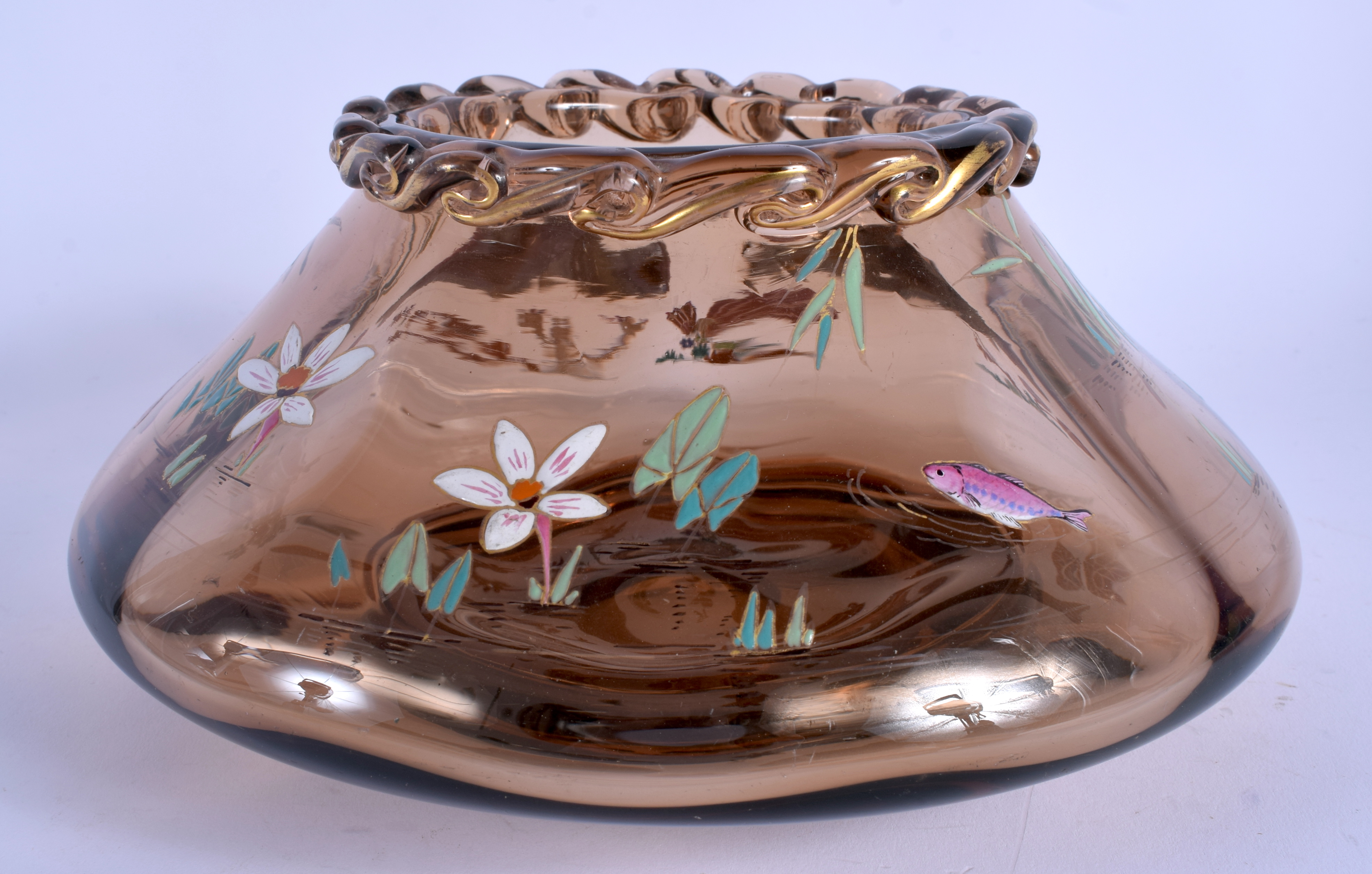 A LOVELY ART NOUVEAU ENAMELLED GLASS BOWL in the manner of Moser, decorated in relief with fish. 21 - Image 2 of 8