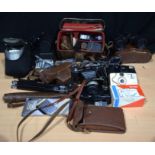 Collection of vintage cameras and equipment Braun, Nikon, Kodak, Agfa and Binocular. Qty.