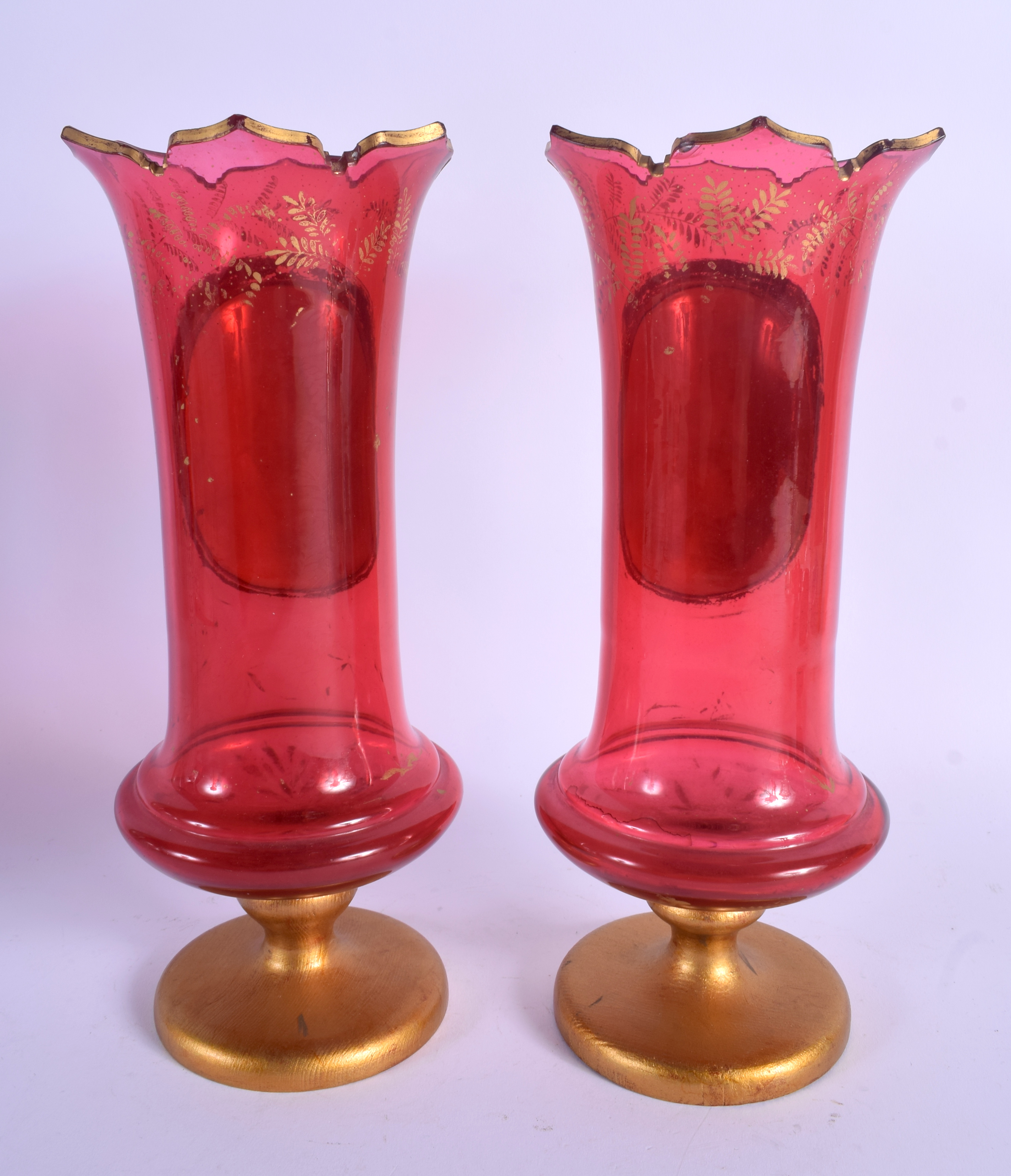 A PAIR OF 19TH CENTURY BOHEMIAN RUBY GLASS VASES painted with girls within landscapes. 27 cm high. - Image 2 of 4