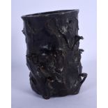 A 19TH CENTURY JAPANESE MEIJI PERIOD BRONZE BRUSH POT overlaid in lingzhi fungus. 13 cm high.