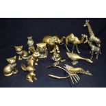 A collection of large Brass animals, birds and a lobster, largest 30cm .(13)