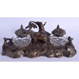 AN UNUSUAL 19TH CENTURY EUROPEAN EQUESTRIAN BRONZE INKWELL formed with a standing horse. 24 cm x 13