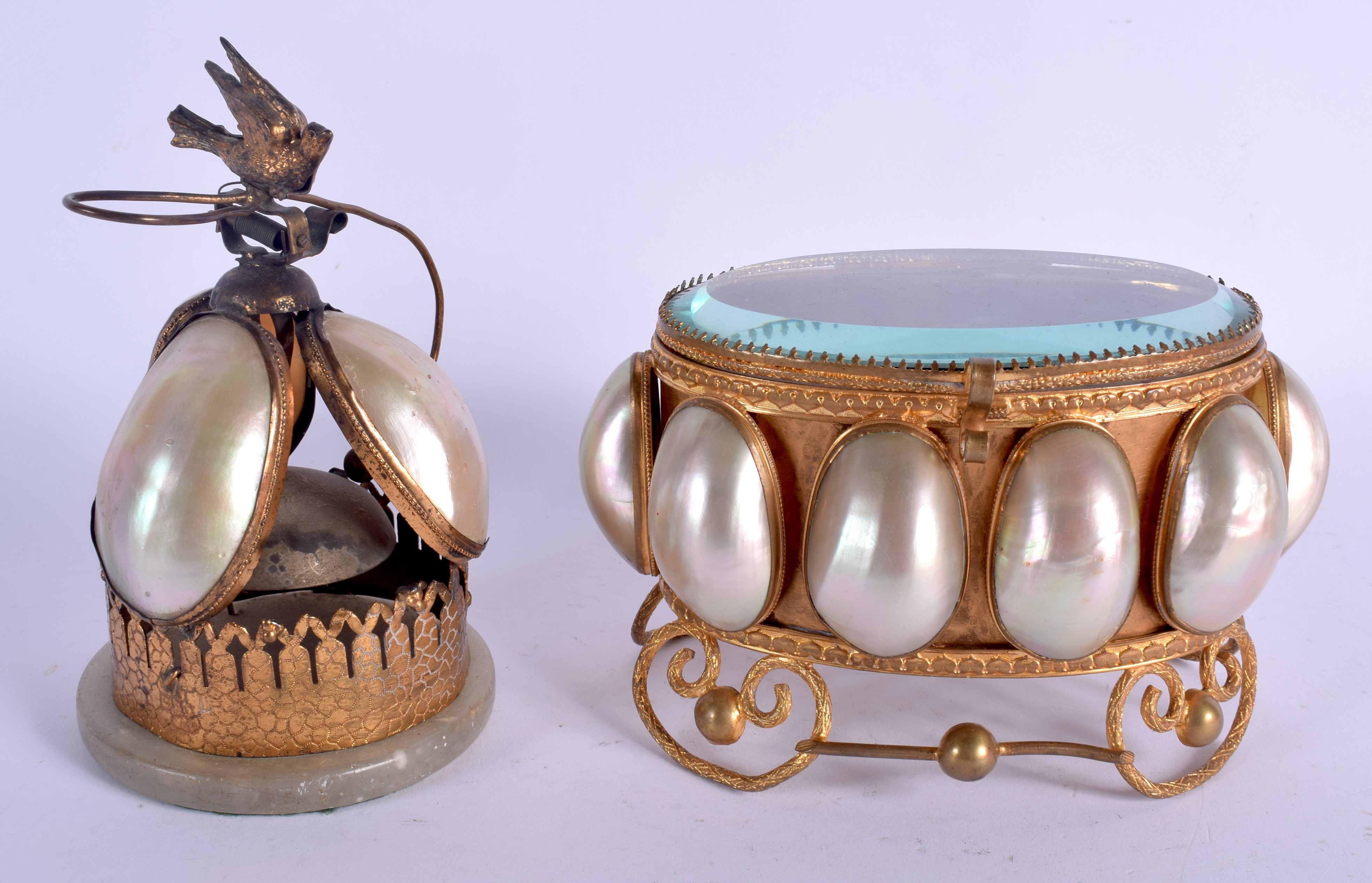 A 19TH CENTURY FRENCH PALAIS ROYALE MOTHER OF PEARL BOX together with matching bell. Largest 15 cm w